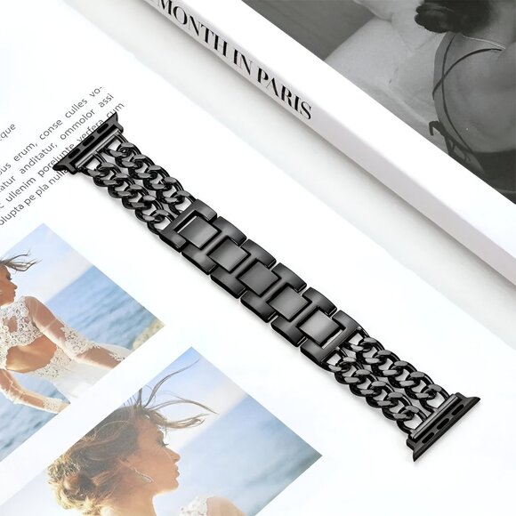 Apple Watch Band Adjustable Stylish Strap Silver Stainless Chain - Black - Picture 7 of 9